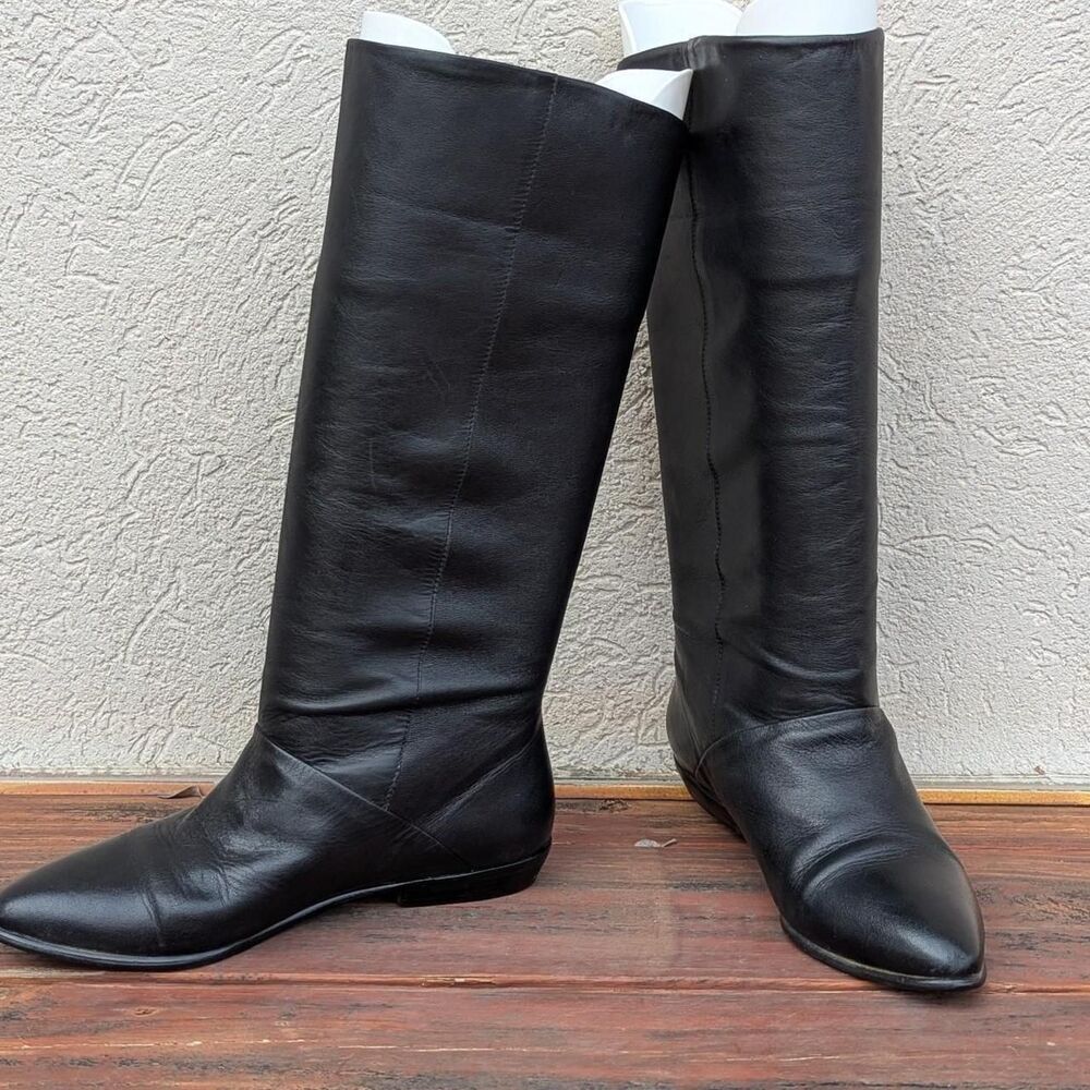 Vintage 70s Knee High Black Leather Boots Almond Tote sz 6.5 Brazil